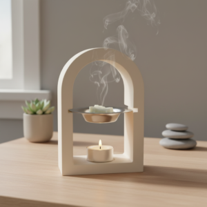 bruciatore in jesmonite per essenze profumate, con piattino in acciaio e tealight natural inclusi