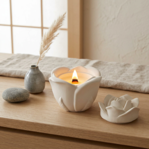 SPRING candela in cera vegetale con contenitore in jesmonite