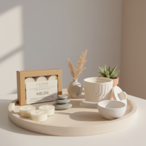 combinazione prodotti in jesmonite e cera vegetale al profumo di agrumi e acqua di cetriolo