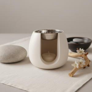 bruciatore in jesmonite per essenze profumate, con piattino in acciaio e tealight natural inclusi