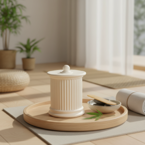 candela artigianale Notte di seta in cera vegetale con stoppino in legno, design minimal in jesmonite, profumazione sofisticata e sensuale