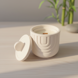 candela artigianale Serenity in cera vegetale con stoppino in legno, design minimal in jesmonite, profumazione agli agrumi