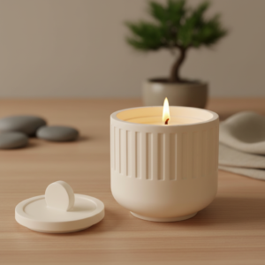 candela artigianale Purifying in cera vegetale con stoppino in legno, design minimal in jesmonite, profumazione tè verde ed aloe