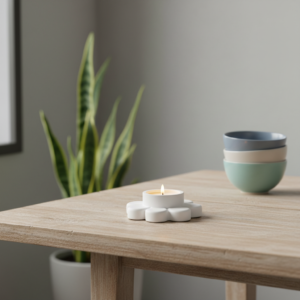 porta tealight in jesmonite con design minimal a forma di fiore