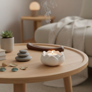 porta tealight in jesmonite con design minimal a forma di fiore di loto