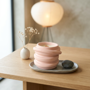 Candela Gemma in cera vegetale e contenitore in jesmonite rosa